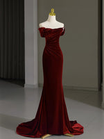 Mermaid Velvet Burgundy Long Prom Dress, Burgundy Long Evening Dress