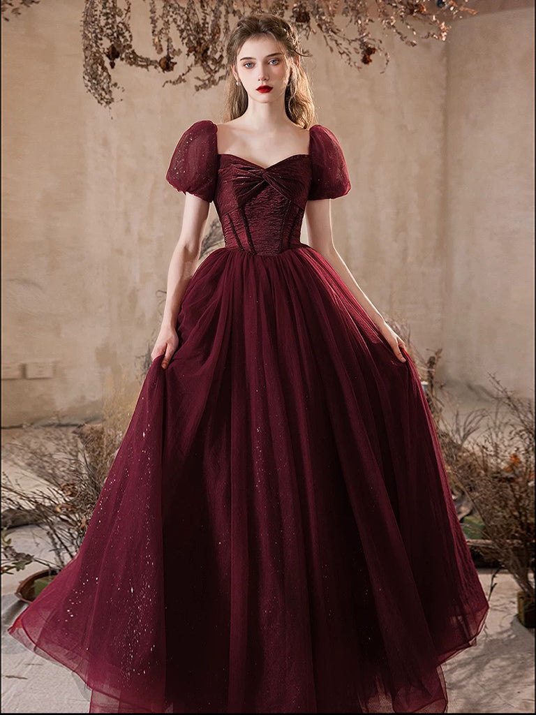 A-Line Puff Sleeves Tulle Burgundy Long Prom Dress, Burgundy Long Form – shopluu