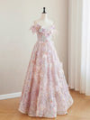A-Line Tulle Lace Flower Pink Long Prom Dress, Pink Formal Dress