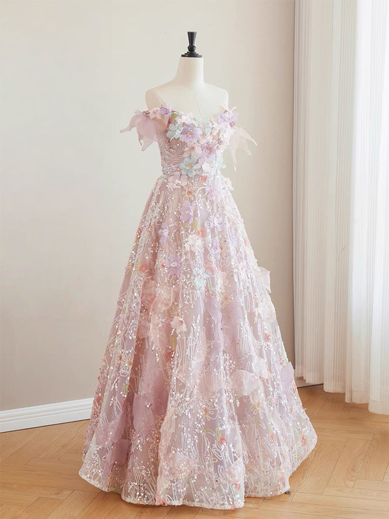 A-Line Tulle Lace Flower Pink Long Prom Dress, Pink Formal Dress