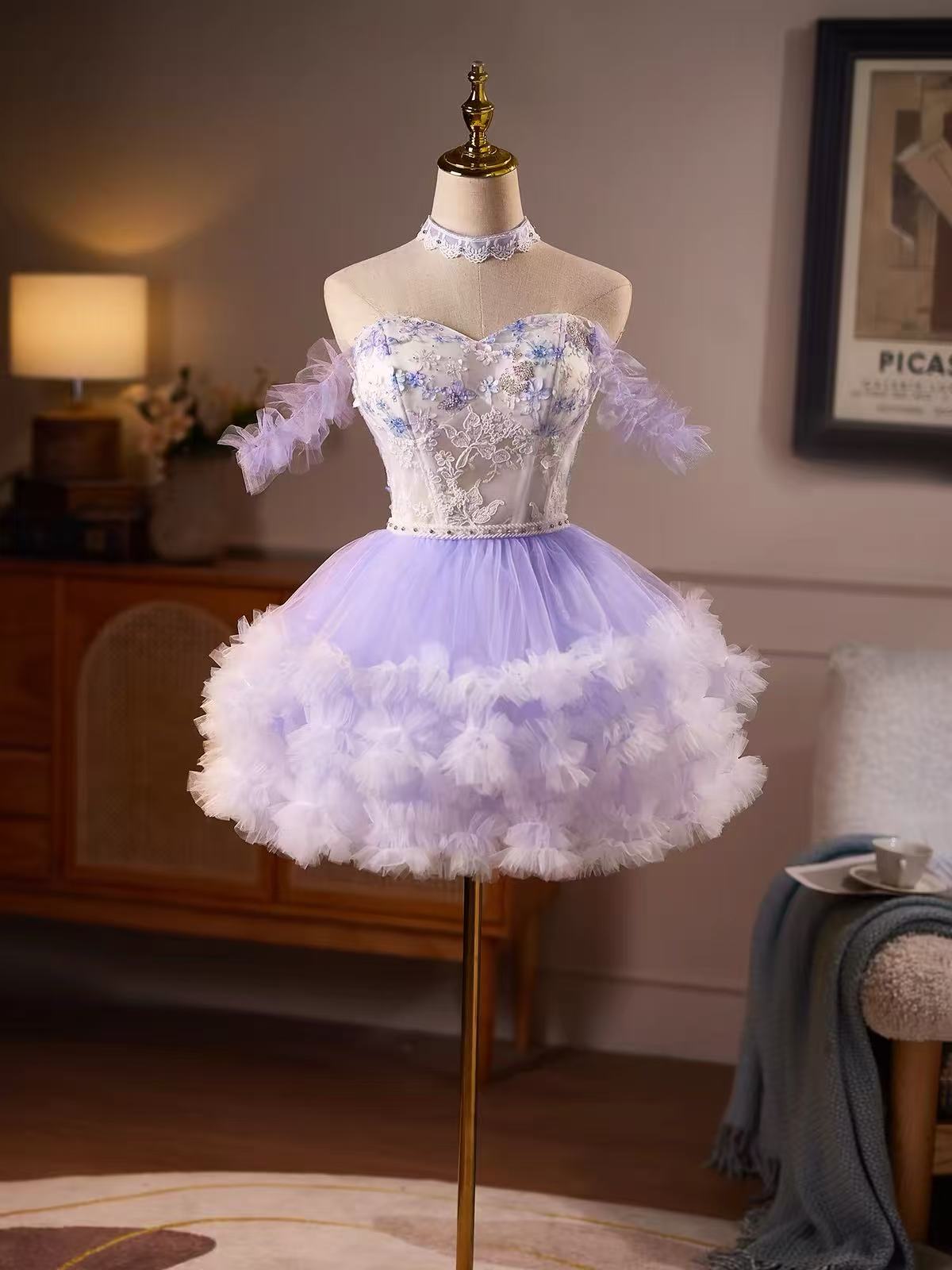 Purple Off Shoulder Tulle Lace Short Prom Dress, Purple Homecoming Dress