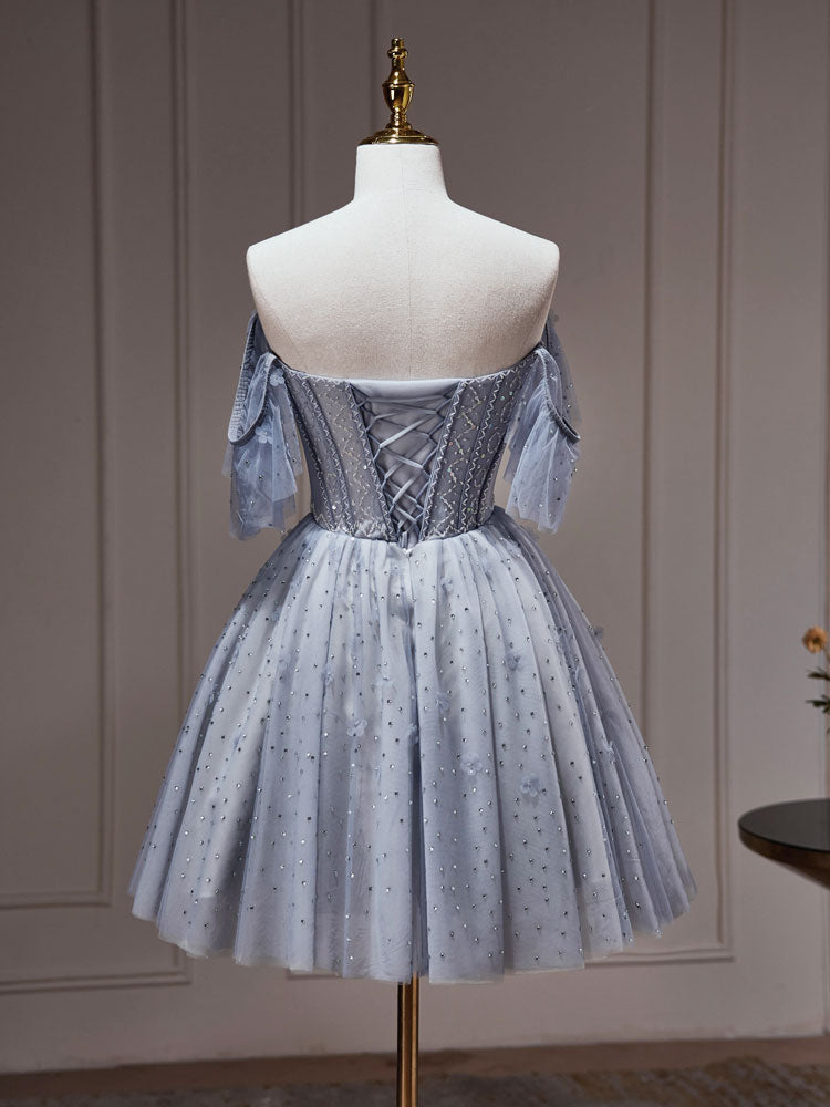 A-Line Gray Blue Tulle Short Prom Dress. Cute Gray Blue Homecoming Dress Custom Size / Custom Color