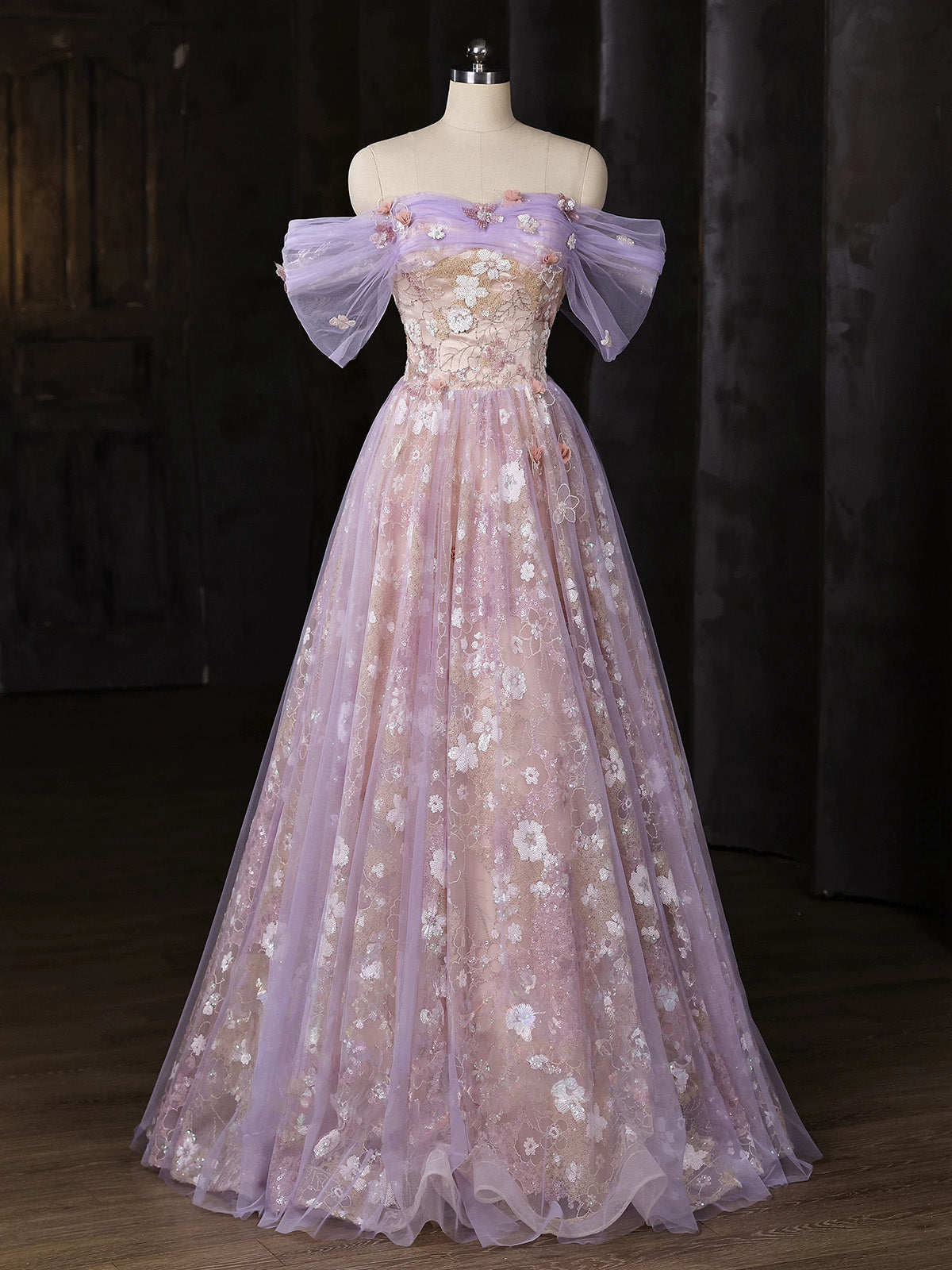 A-Line Sweetheart Neck Off Shoulder Tulle Lace Purple Long Prom Dress