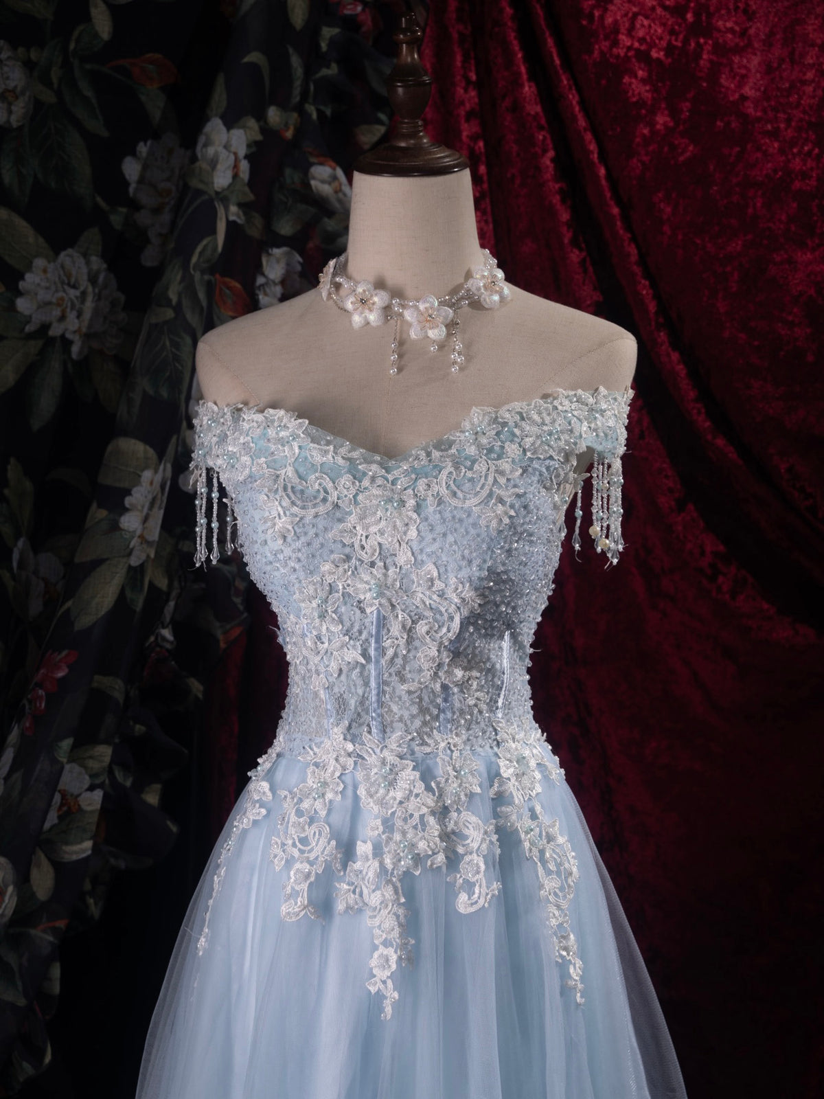 A- Line Off Shoulder Tulle Lace Floor Length Blue Long Prom Dress with Beads