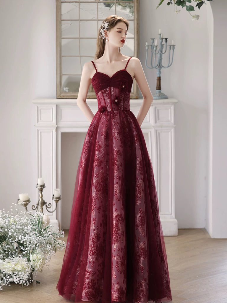 A-Line Tulle Lace Burgundy Long Prom Dress, Burgundy Long Formal Dress