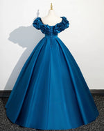 A-Line Off Shoulder Satin Blue Long Prom Dress, Blue Long Formal Dress