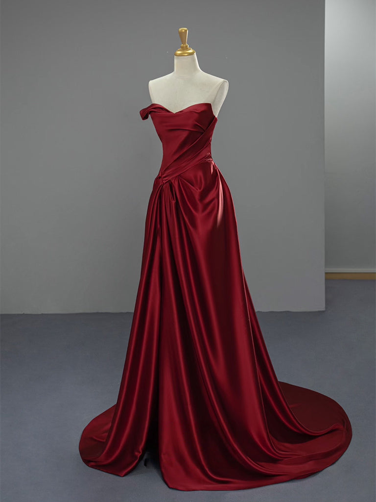 A-Line V Neck Satin Burgundy Long Prom Dress, Burgundy Long Formal Dress