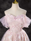 A-Line Off Shoulder Tulle Lace Pink Long Prom Dress, Lace Formal Dress