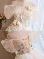 A-Line Tulle Off Shoulder Lace Light Champagne Short Prom Dress, Cute Homecoming Dress