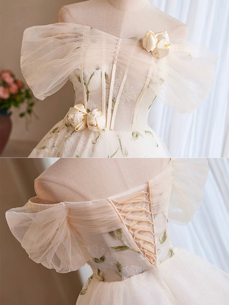 A-Line Tulle Off Shoulder Lace Light Champagne Short Prom Dress, Cute Homecoming Dress