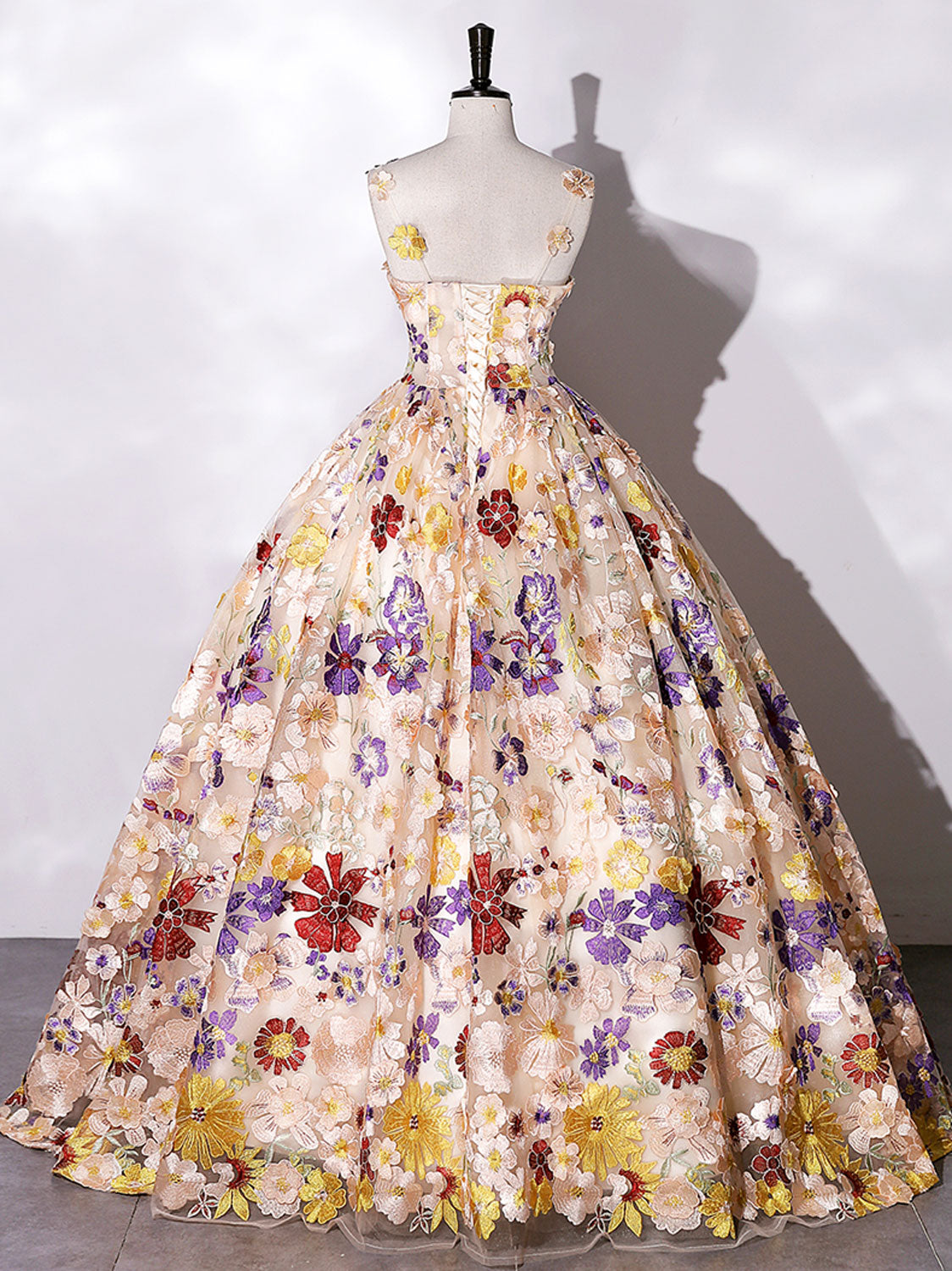 Champagne A-line Flowers Long Prom Dress