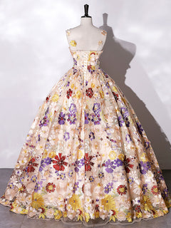 Champagne A-line Flowers Long Prom Dress