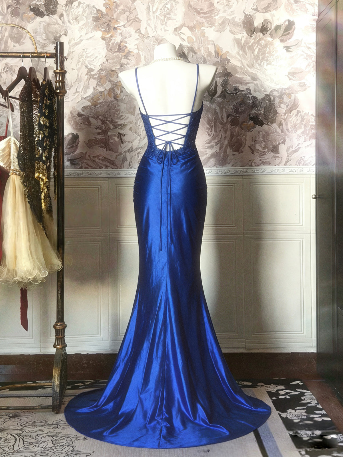 Mermaid V Neck Satin Lace Sequin Blue Long Prom Dress With Beads