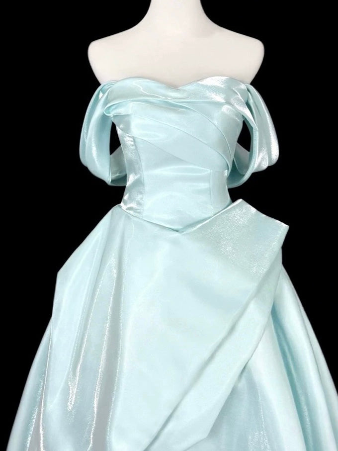 A-Line Off Shoulder Sweetheart Neck Floor Length Blue Prom Dress