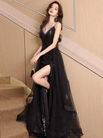 A-Line V Neck Sequin Tulle Black Prom Dress, Black Long Evening Dress