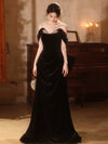 A-Line Off Shoulder velvet Black Long Prom Dress, Black Long Party Dress
