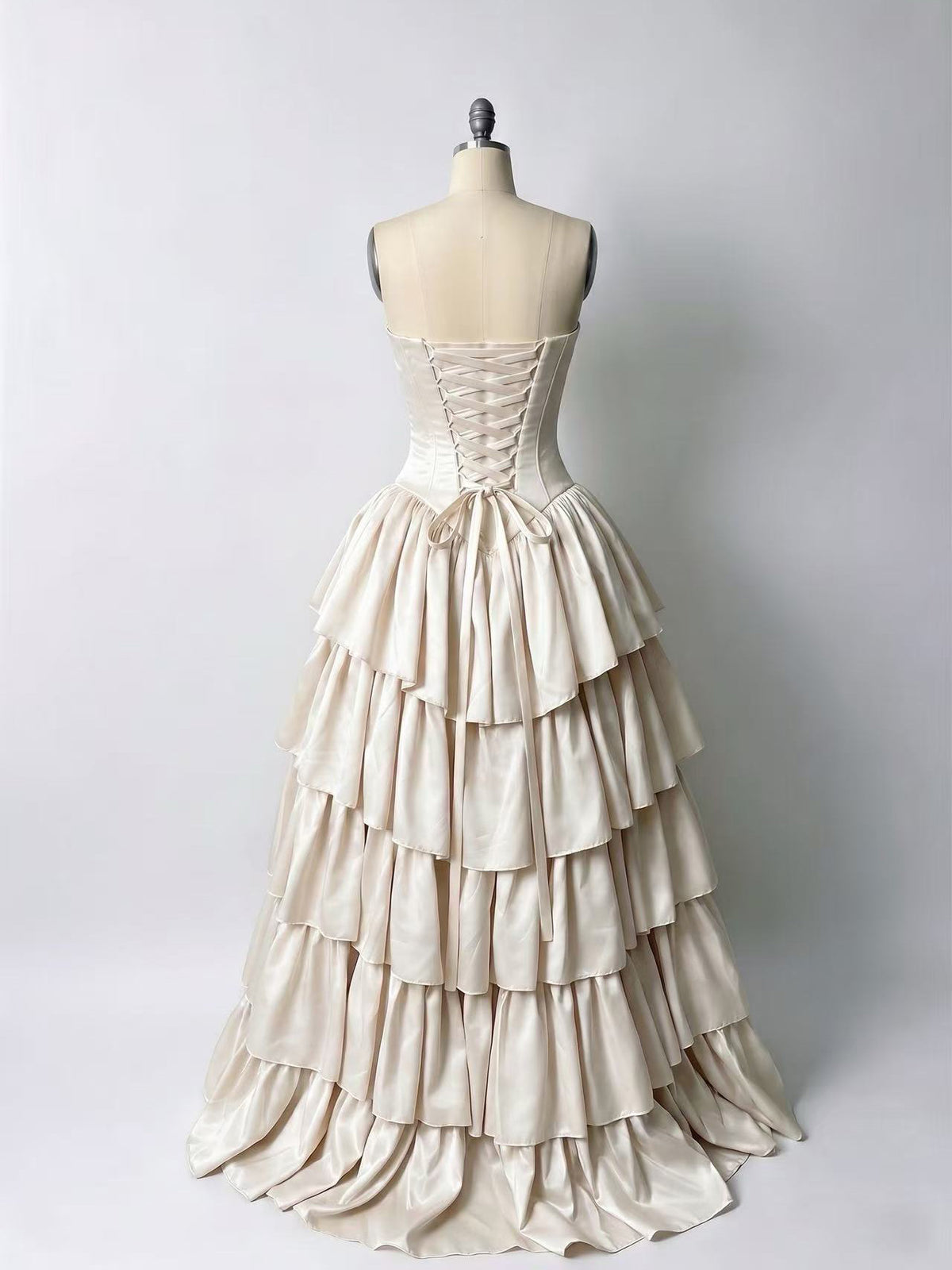 Unique A-line Satin Tiered Champagne Long Prom Dress