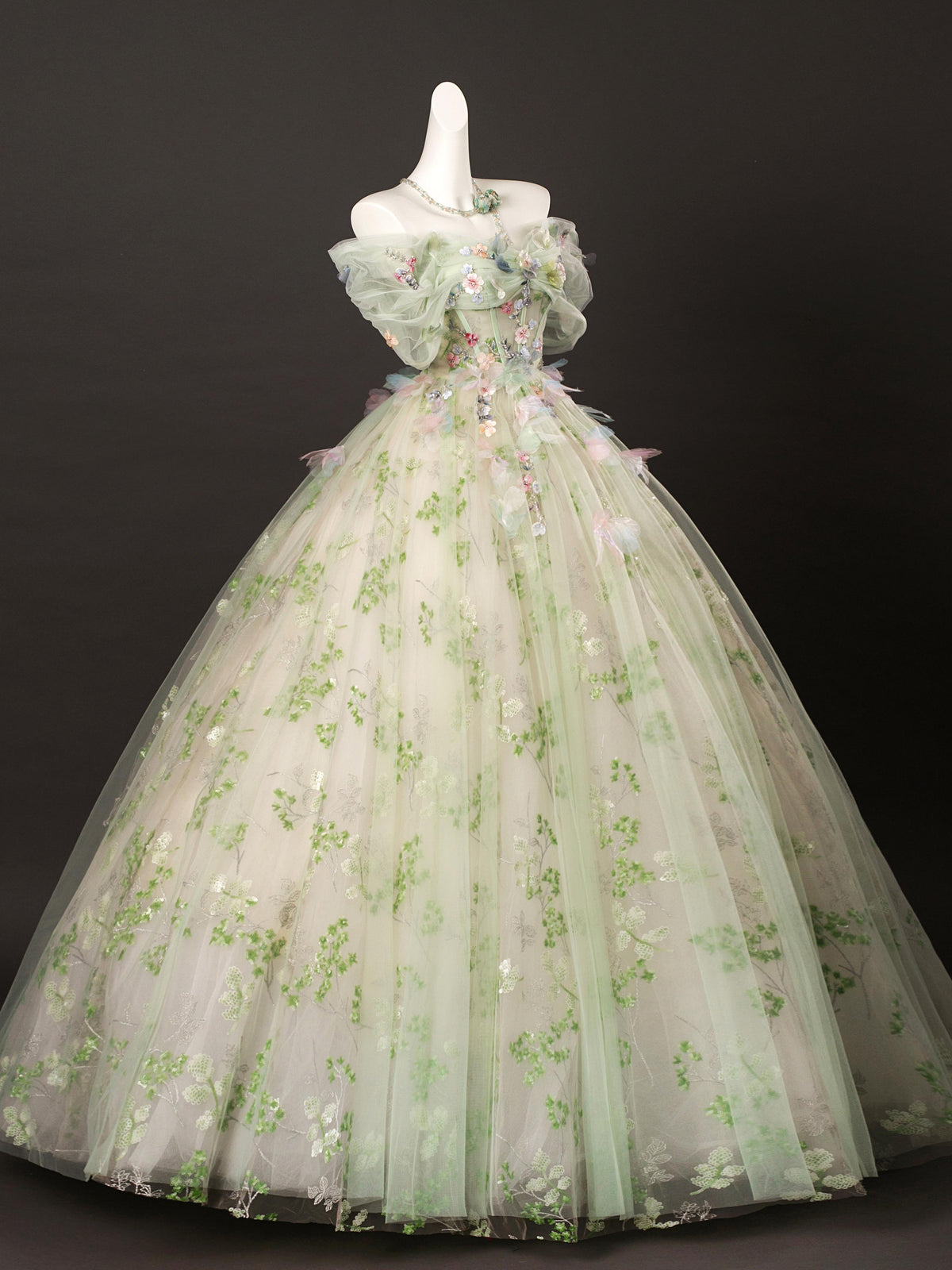 A-Line Off Shoulder Tulle Lace Green Long Prom Dress, Green Long Sweet 16 Dress