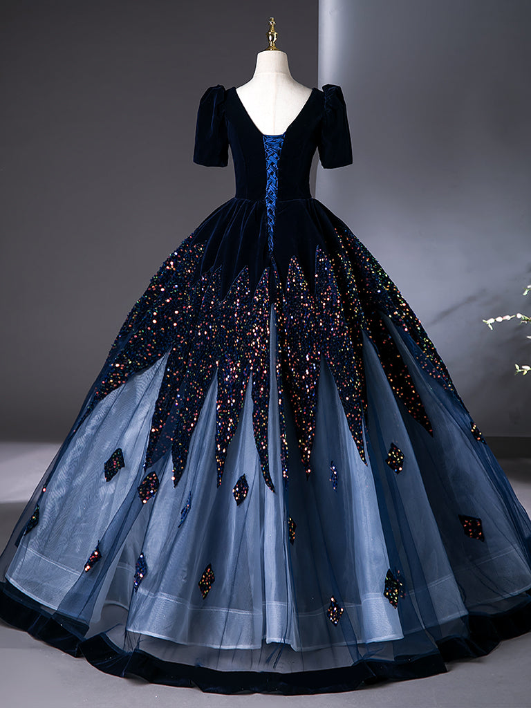 A-Line V Neck Velvet Tulle Dark Blue Long Prom Dress, Dark Blue Long E – shopluu