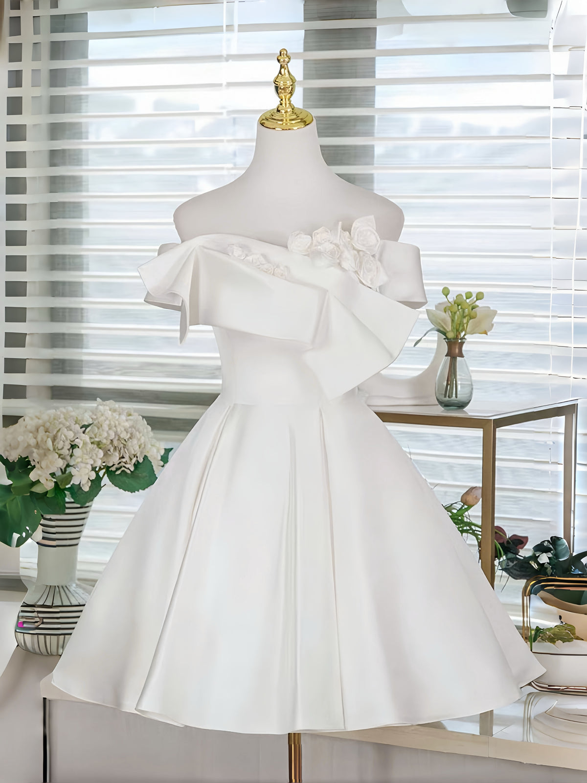 A-Line Off Shoulder White Short Prom Dress, White Homecoming Dress