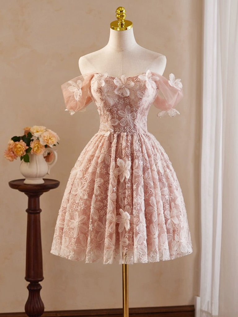A-Line Off Shoulder Tulle Lace Pink Short Prom Dress, Pink Homecoming – shopluu
