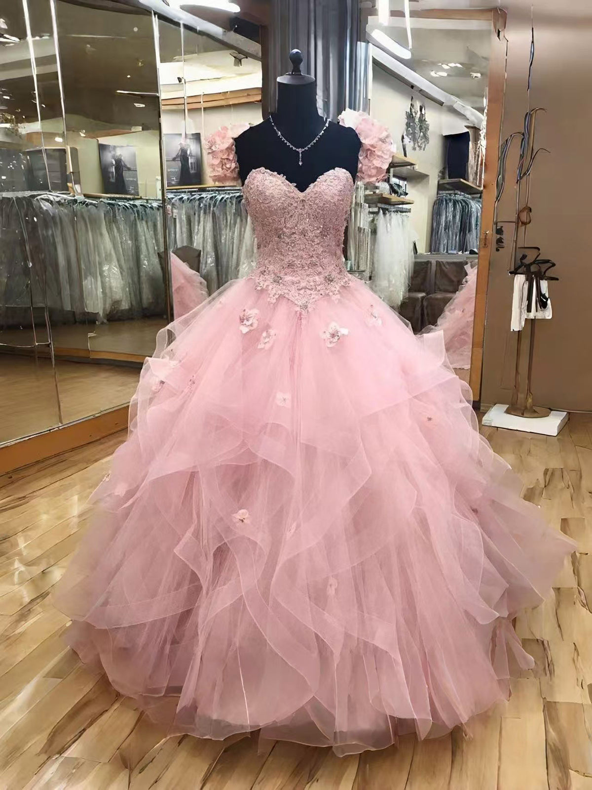 Sweetheart A-line Tulle Lace Pink Long Prom Gown, Pink Sweet 16 Dress