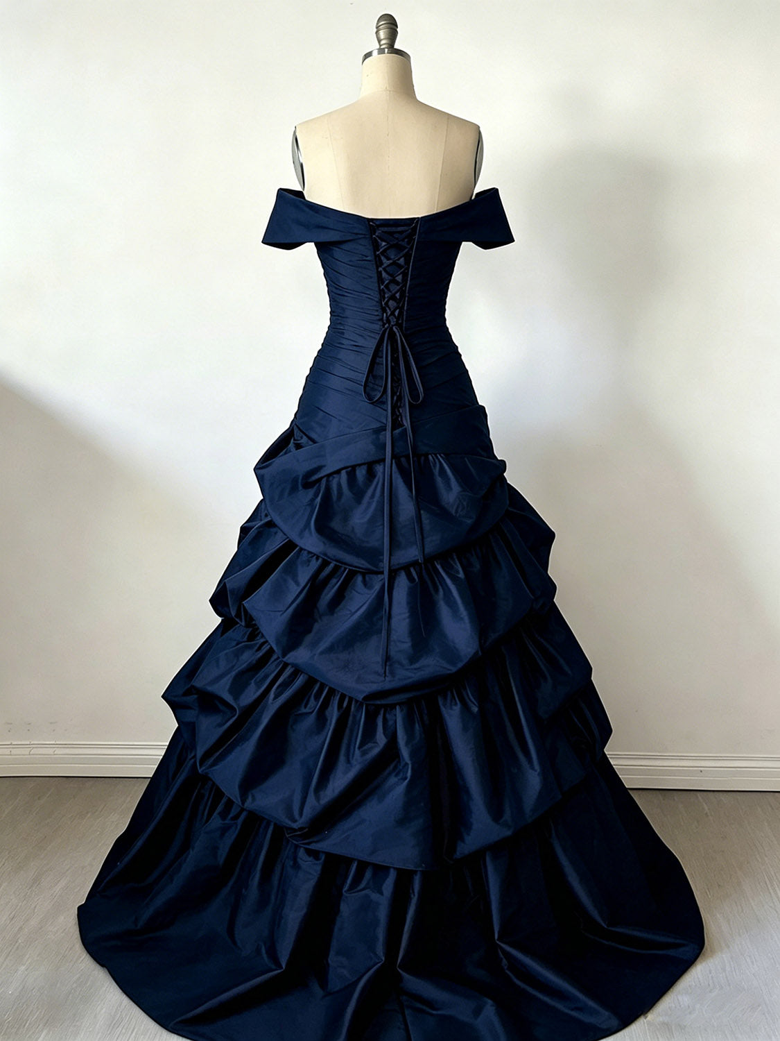 A-Line Sweetheart Neck Off Shoulder Dark Blue Long Prom Dress