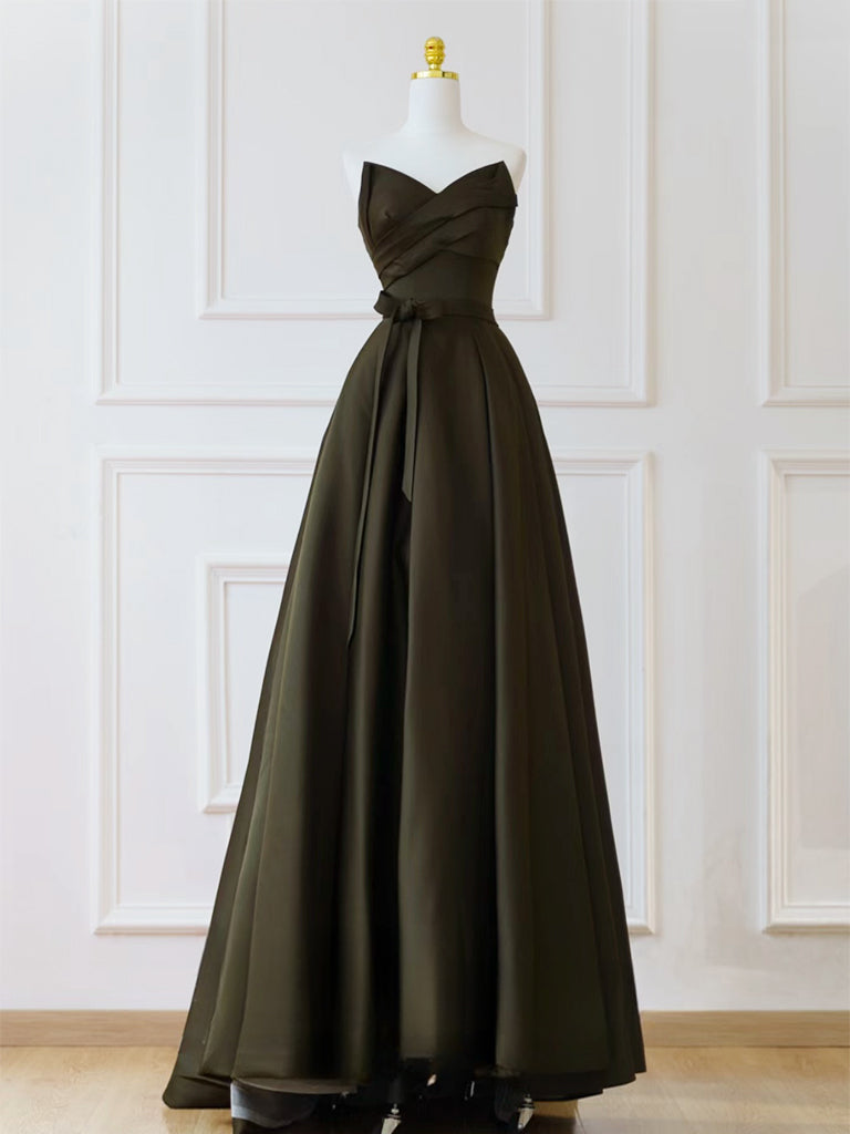 A-Line V Neck Satin Olive Green Long Prom Dress, Satin Long Formal Dress