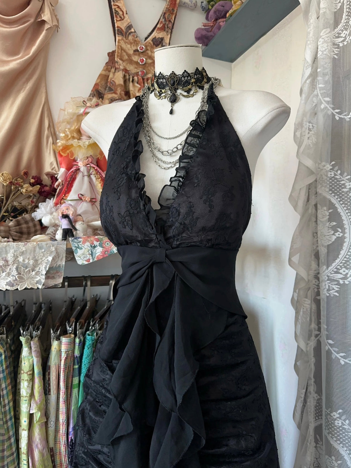 A-Line V Neck Tulle Lace Floor Length Black Prom Dress, Black Party Dress