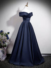 A-Line Off Shoulder Satin Dark Blue Long Prom Dress, Dark Blue Long Formal Dress