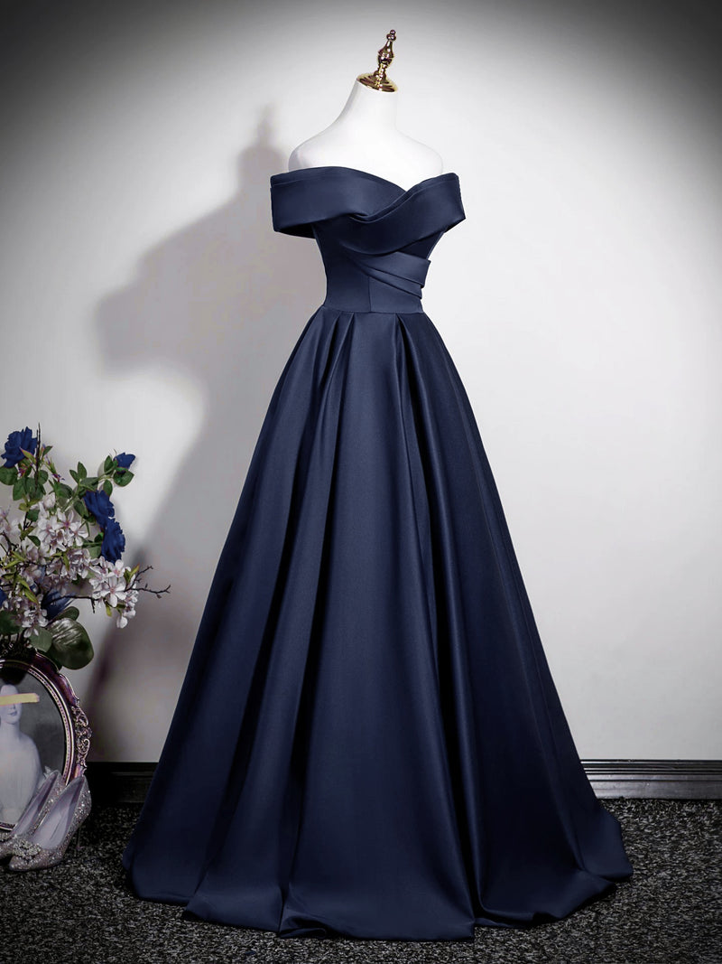 A-Line Off Shoulder Satin Dark Blue Long Prom Dress, Dark Blue Long Formal Dress