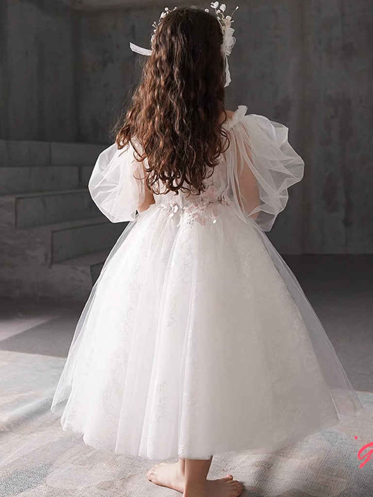 Puff Sleeves Tulle Tea Length White Flower Girl Dress