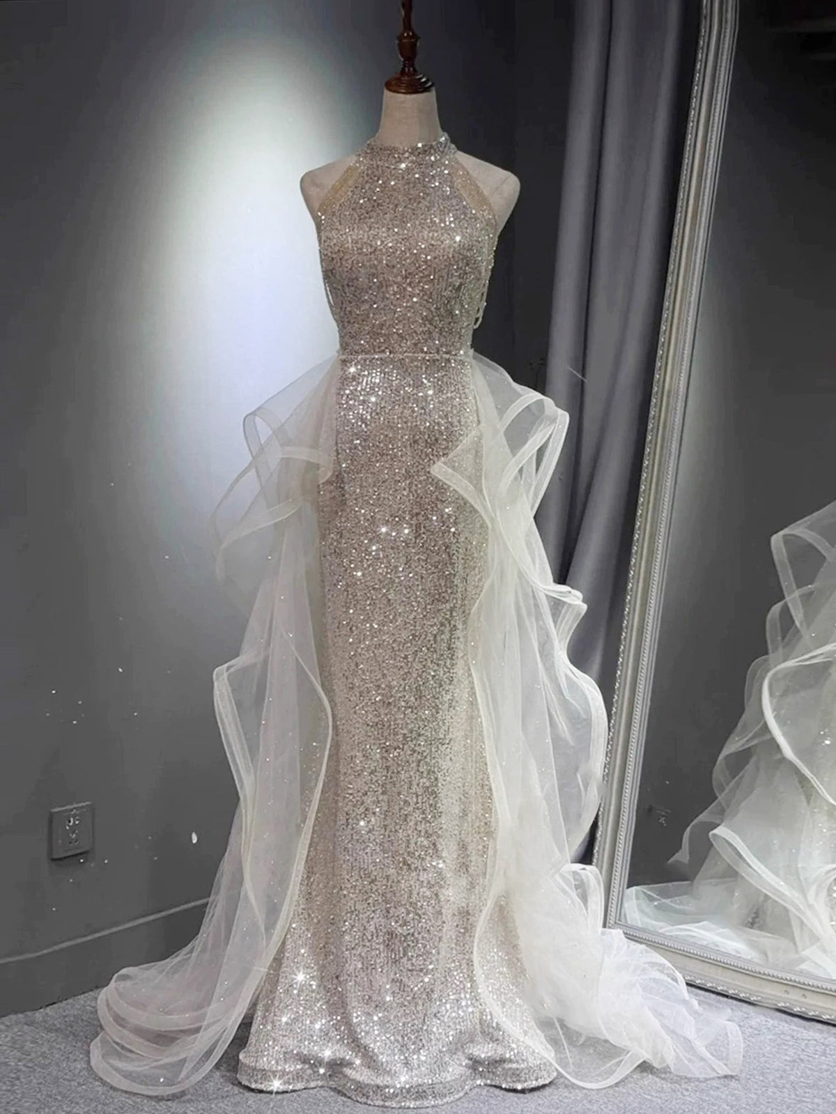 A-Line Tulle Sequin Sweep Train Light Champagne Long Prom Dress with Beads