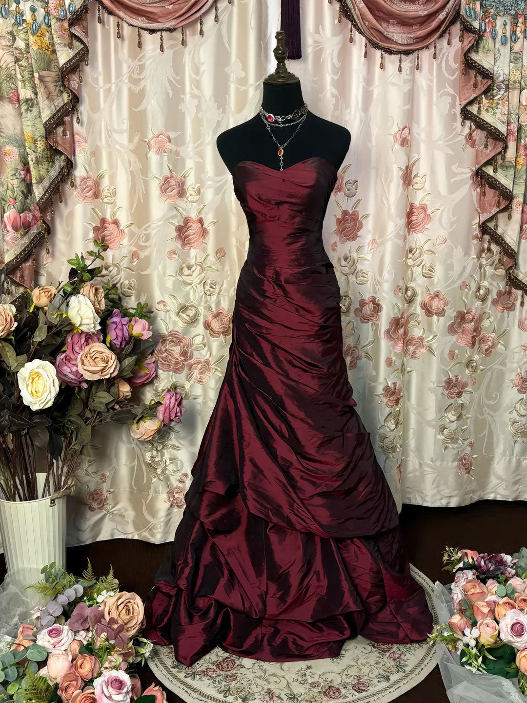 A-Line Sweetheart Taffeta Burgundy Long Prom Dress