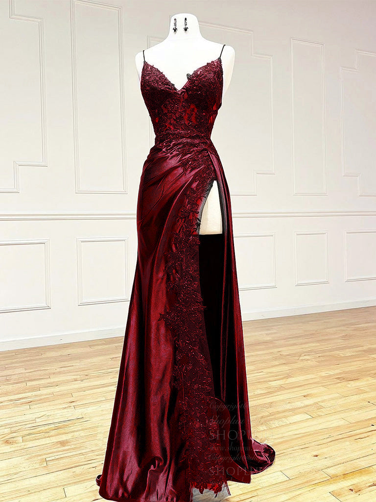 Burgundy V Neck Satin Lace Long Prom Dress, Burgundy Lace Long Evening Dress