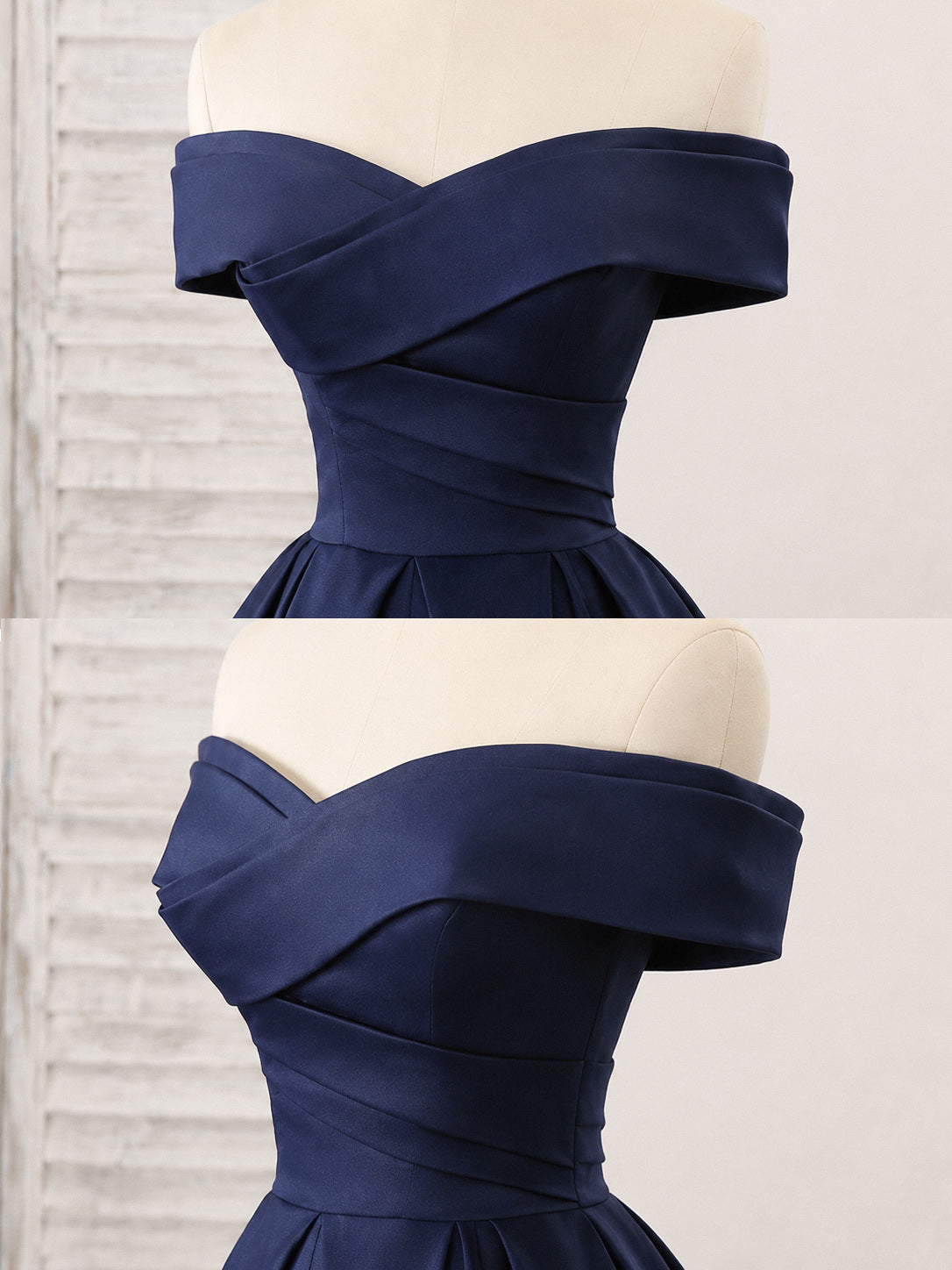 Simple A-line Off Shoulder Satin Dark Blue Short Prom Dress
