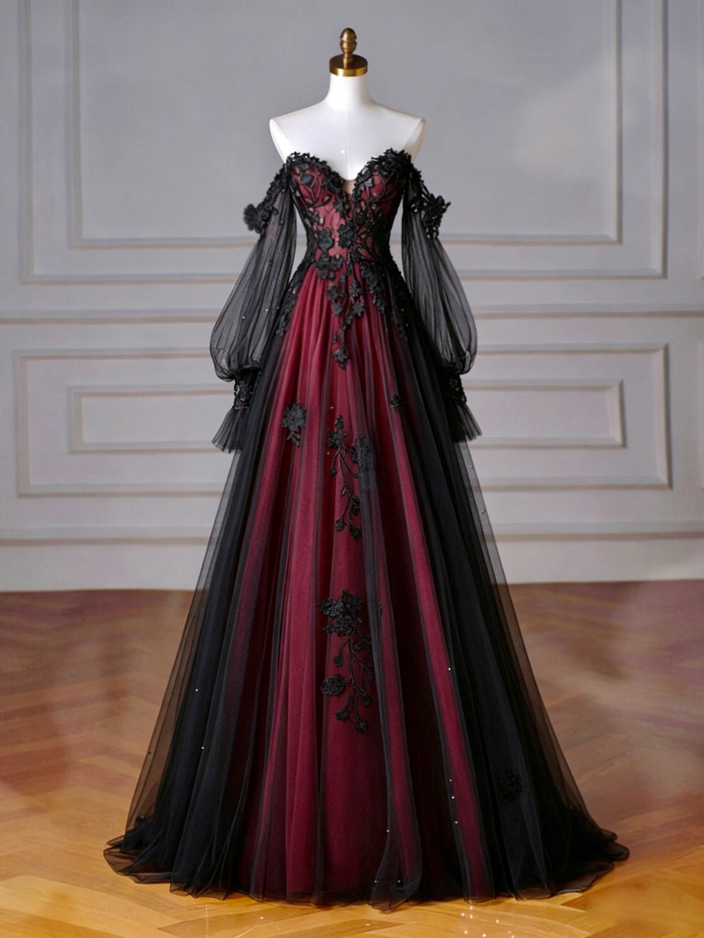 Long Prom Dresses, Burgundy Long Prom Dress, Lace Long Formal Dress   shopluu