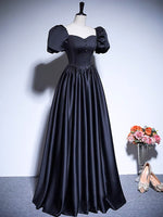 A-Line Satin Puff Sleeves Black Long Prom Dress, Black Long Evening Dress