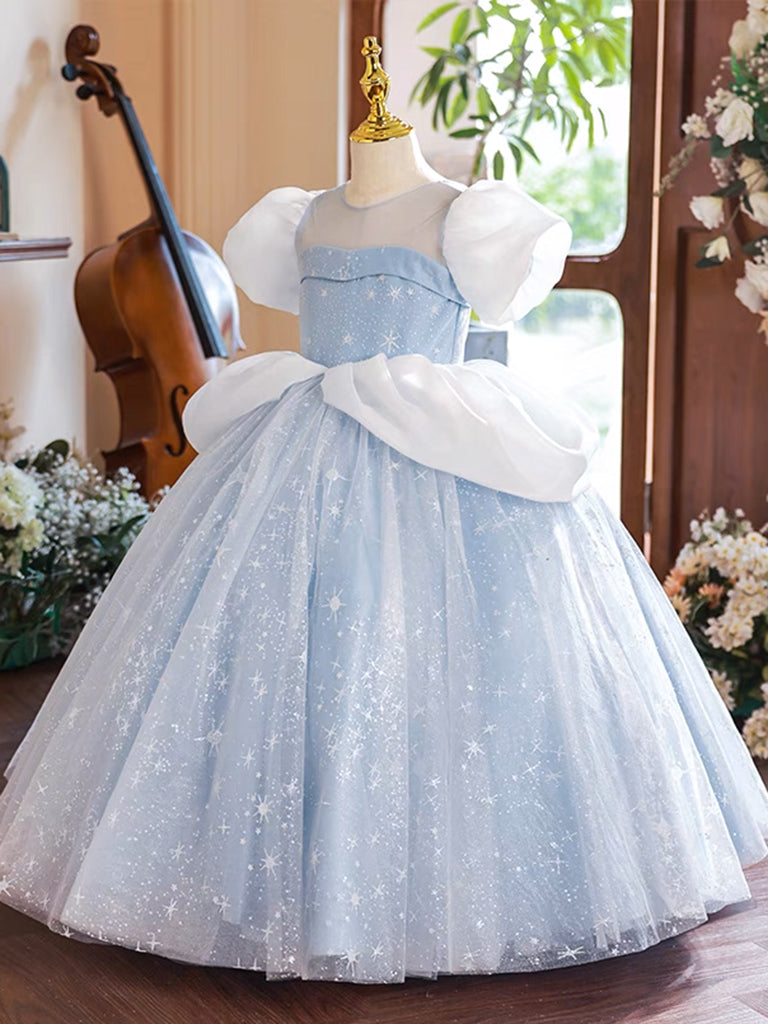 A-Line Puff Sleeves Tulle Lace Blue Long Flower Girl Dress
