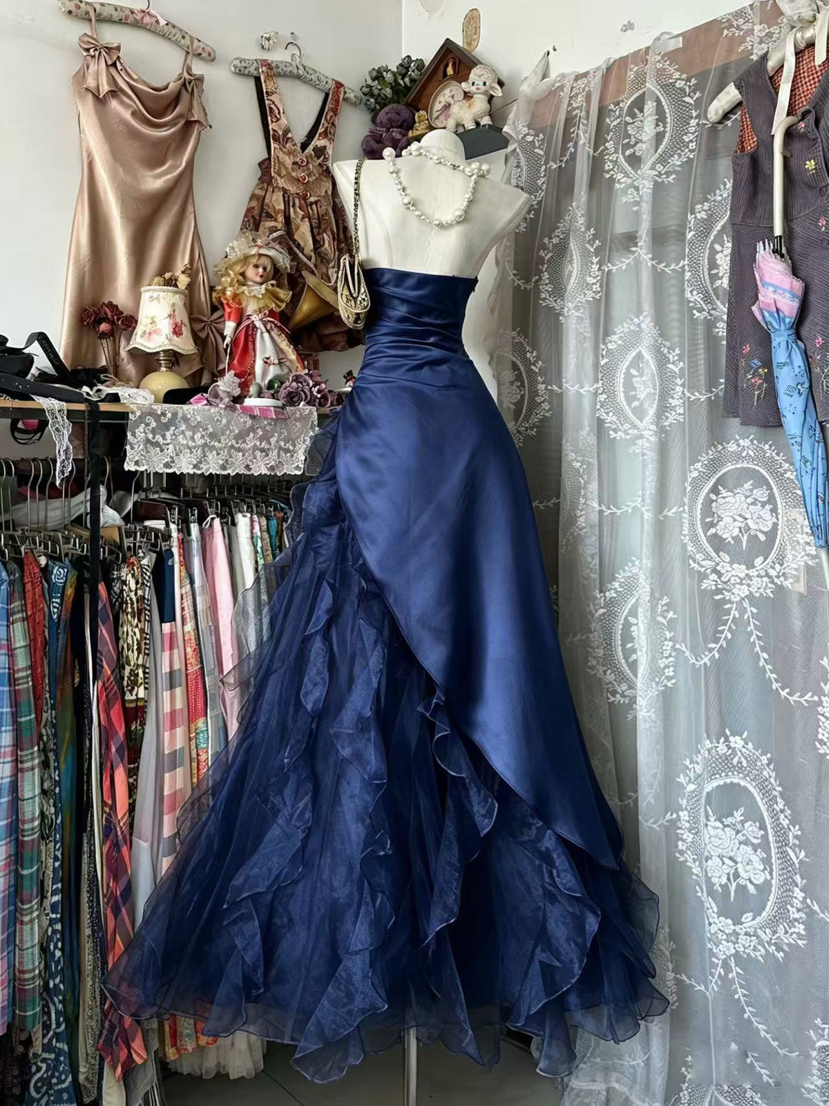 Unique A-line Floor Length Ruffles Satin Organza Dark Blue Prom Dress