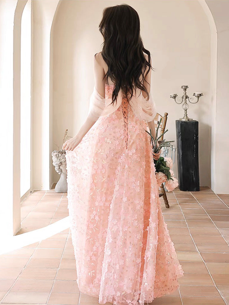 A-Line Off Shoulder Pink Long Prom Dress, Pink Long Graduation Dress