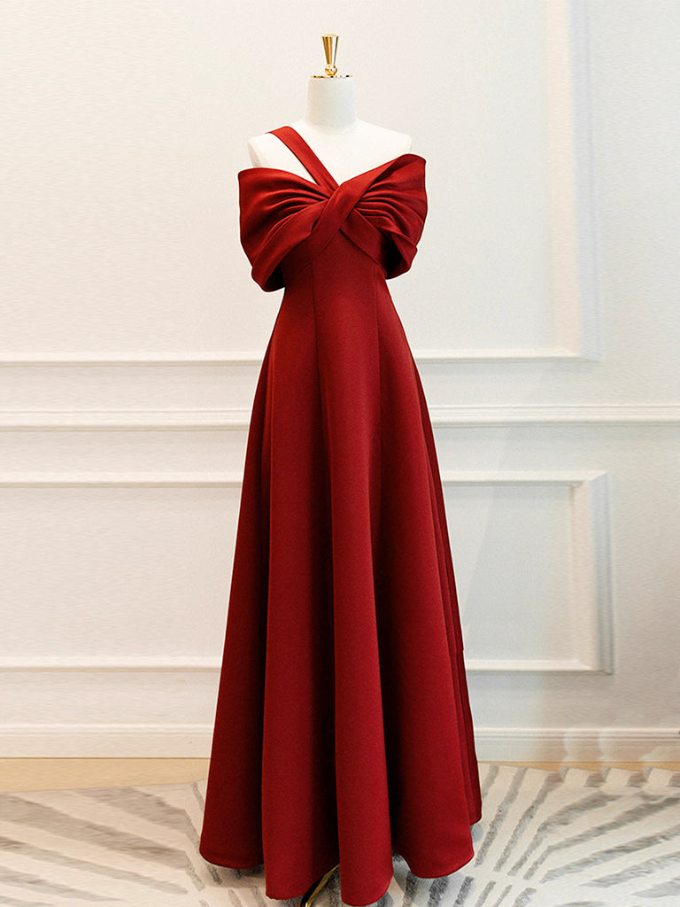 A-Line One Shoulder Satin Burgundy Long Prom Dress, Burgundy Long Form – shopluu