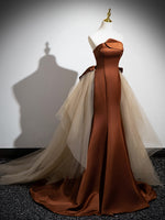 Simple Mermaid Brown/Champagne Satin Tulle Long Prom Dress, Brown Long Evening Dress