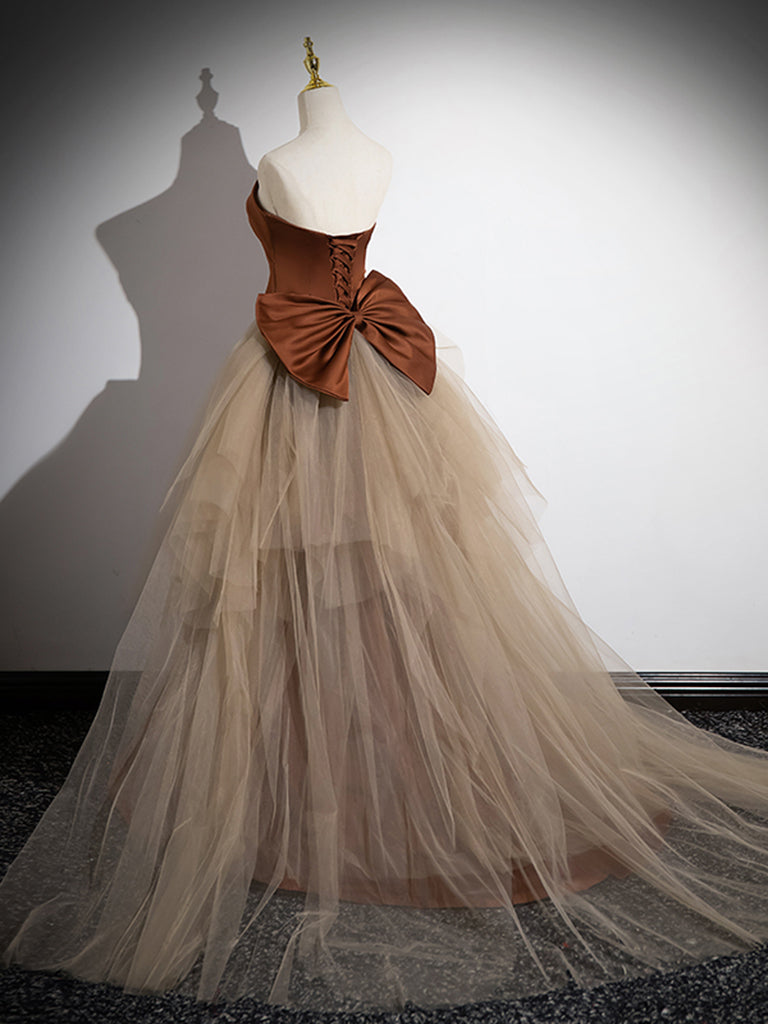 Mermaid Satin Tulle Long Prom Dress, Brown Strapless Evening Party Dress US 4 / Brown Mermaid Satin Tulle Long Prom Dress, Brown Strapless Evening Party Dress US 4 / Brown