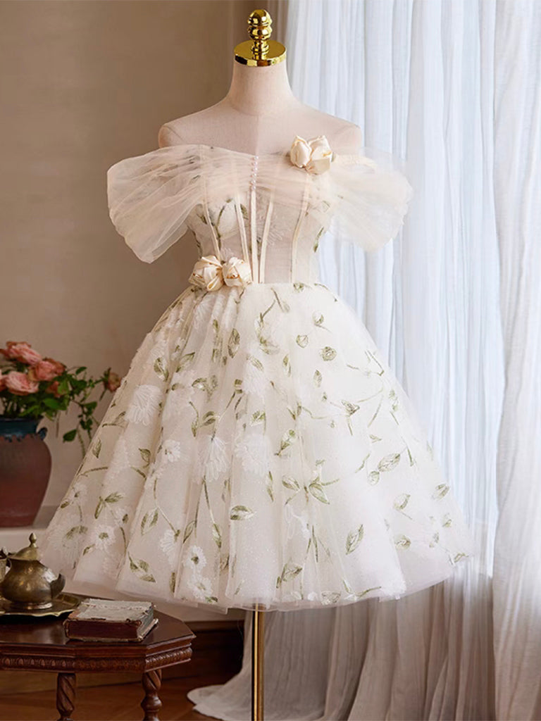 A-Line Tulle Off Shoulder Lace Light Champagne Short Prom Dress, Cute Homecoming Dress