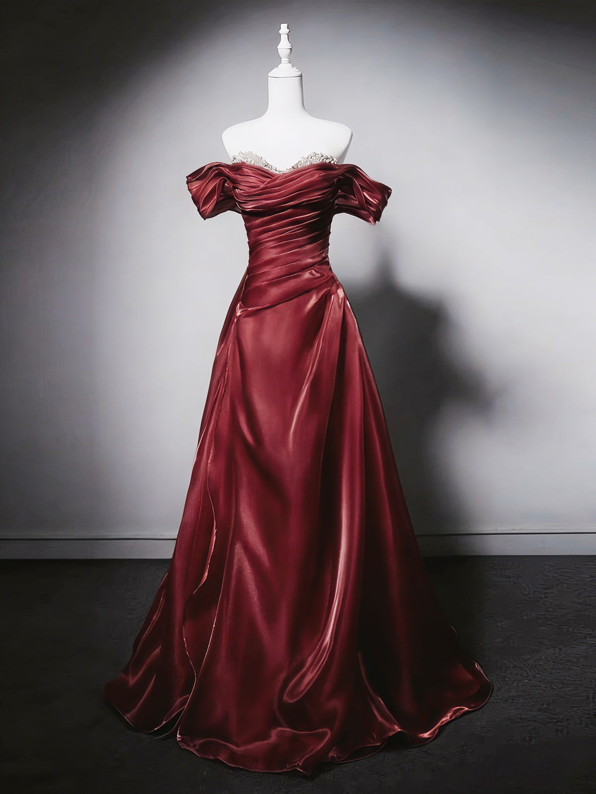 A-line Sweetheart Neck Off Shoulder Burgundy Long Prom Dress with Beads