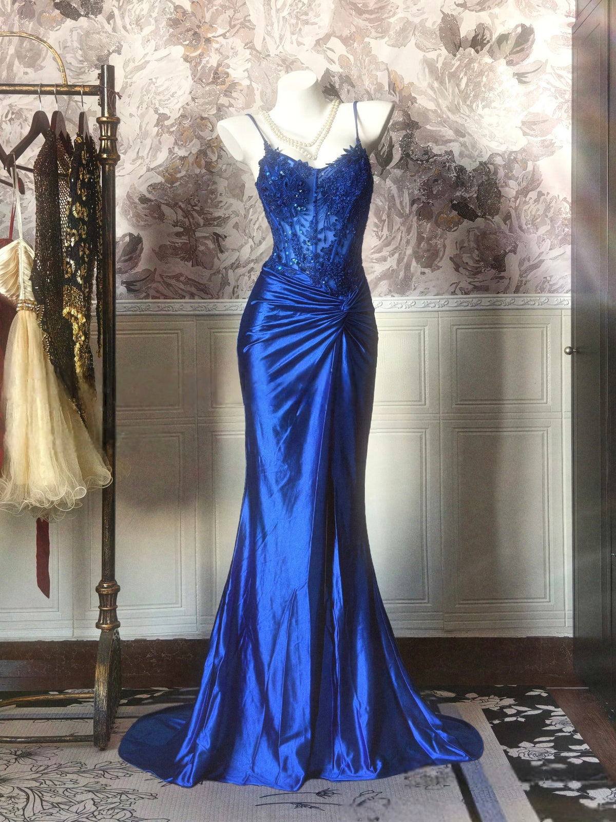 Mermaid V Neck Satin Lace Sequin Blue Long Prom Dress With Beads