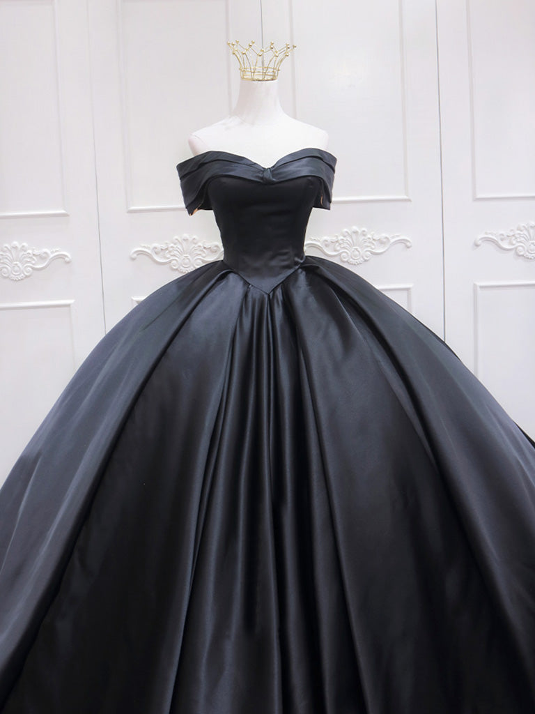Sweetheart Neck Black Puffy Satin Prom Dresses, Black Satin Long Formal Evening Dresses, US 16 / Custom Color / With Rush+$19.99