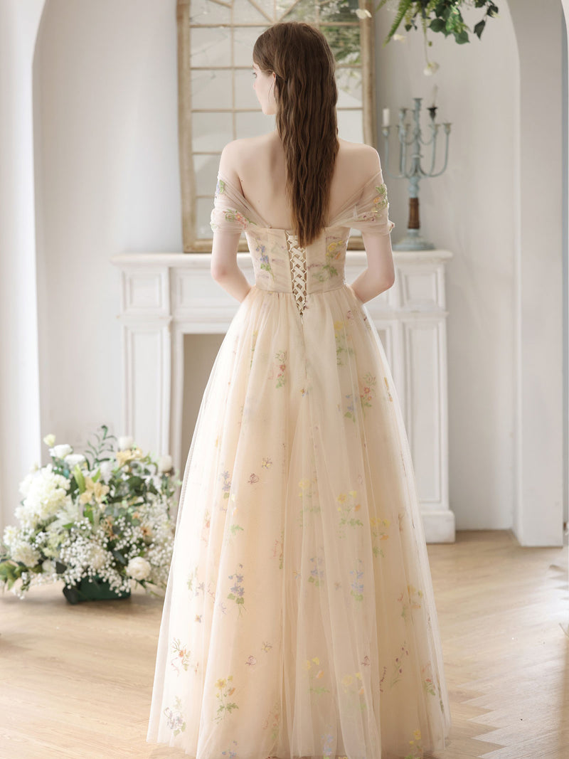 A-Line Sweetheart Neck Tulle Lace Champagne Long Prom Dress, Lace Formal Dress