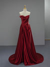 A-Line V Neck Satin Burgundy Long Prom Dress, Burgundy Long Formal Dress